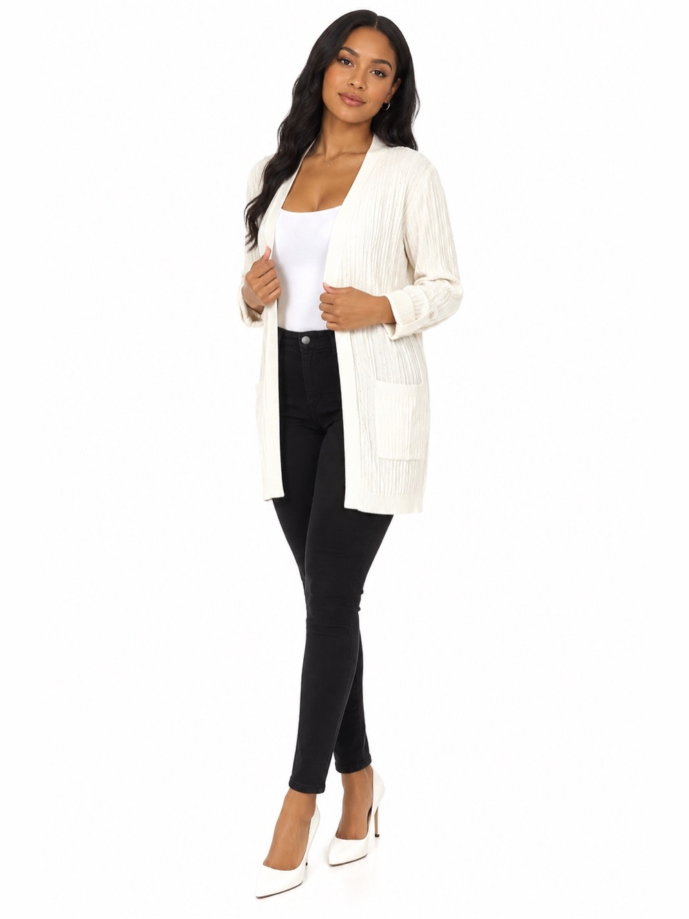 Kim Rogers Cream Open-Front Cardigan